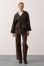 YIKAMA EFEKTLİ BAĞLAMALI DENİM CEKET - Kahve