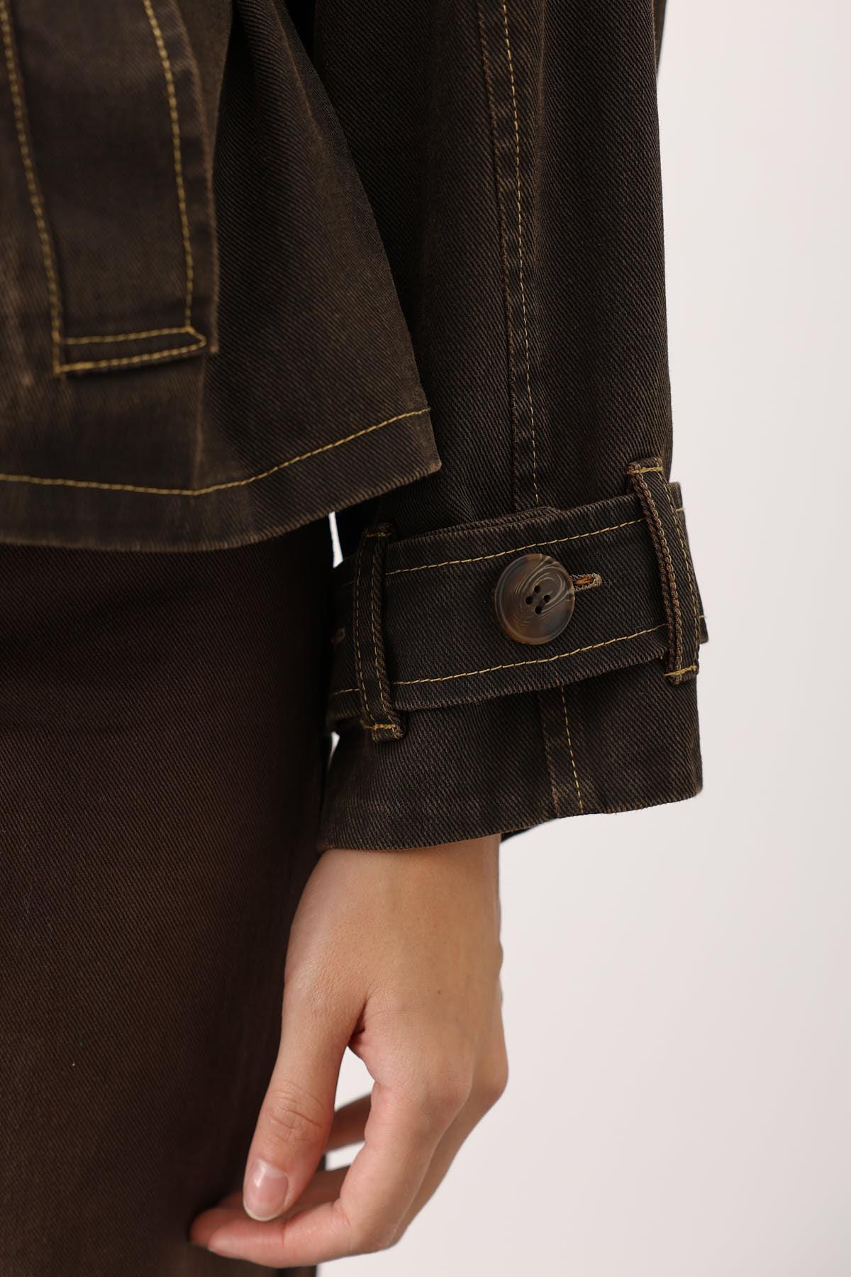 YIKAMA EFEKTLİ BAĞLAMALI DENİM CEKET - Kahve