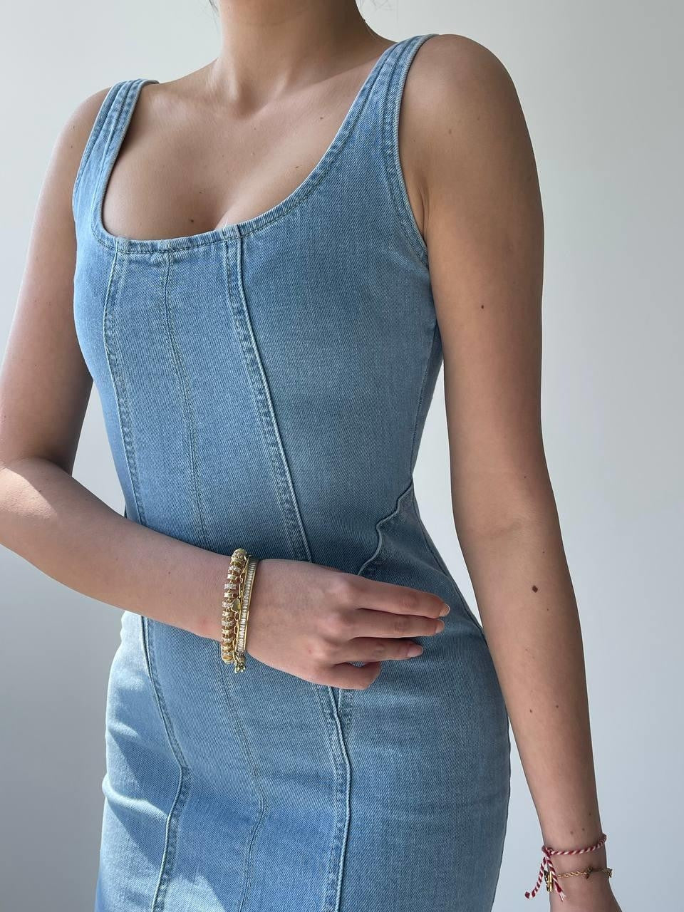 Zippe Detaylı Denim Elbise